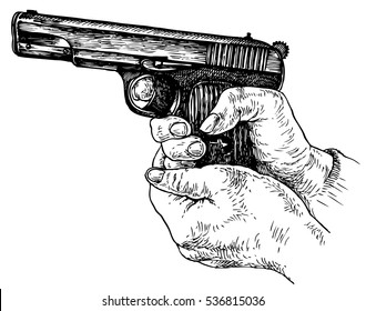 Gun in hand - hand drawn vector illustration, isolated on white