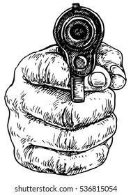 Gun in hand - hand drawn vector illustration, isolated on white
