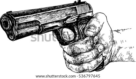 Gun in hand - hand drawn vector illustration, isolated on white
