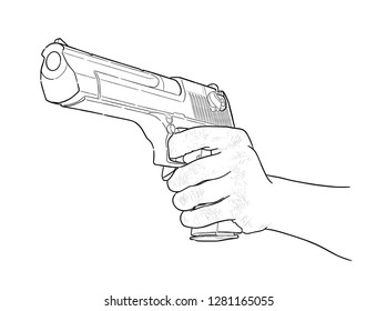 Gun in hand - hand drawn vector, isolated on white