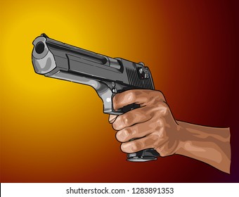 Gun in hand - hand drawn vector, isolated on color