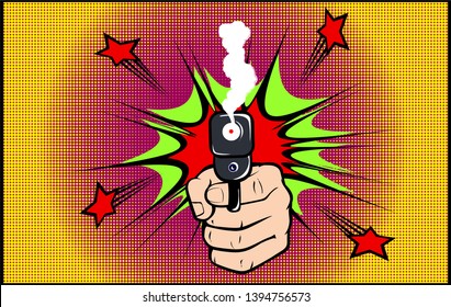 Gun in hand - hand drawn vector Pop Art, isolated on color background. Retro Comic book cartoon
