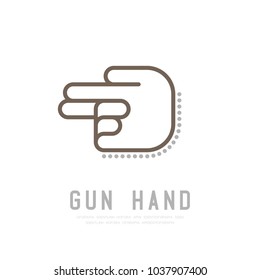 Gun Hand finger with dot shadow logo icon, sign language concept outline stroke flat design brown and grey color illustration isolated on white background with copy space, vector eps 10