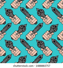 Gun in hand pattern seamless. Fist gun background. vector illustration