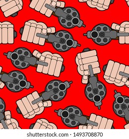 Gun in hand pattern seamless. Fist gun background. vector illustration