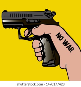 The gun is held by a man's hand. Firearms. A person is armed to defend or attack. Vector illustration.