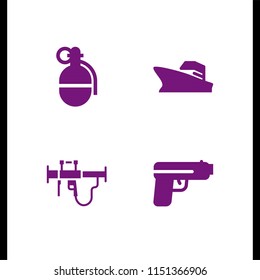 gun icon. 4 gun set with grenade, bazooka, pistol and warship vector icons for web and mobile app