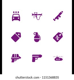 gun icon. 9 gun set with bazooka, pistol, tag and water gun vector icons for web and mobile app