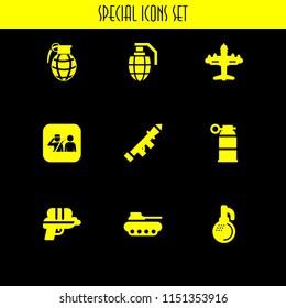 gun icon. 9 gun set with grenade, water gun, soldier with gun saluting a man and war vector icons for web and mobile app