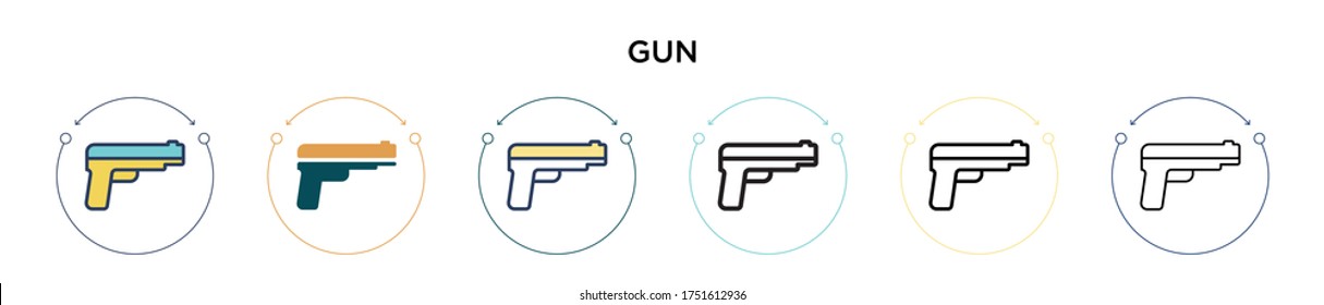 Gun icon in filled, thin line, outline and stroke style. Vector illustration of two colored and black gun vector icons designs can be used for mobile, ui, web