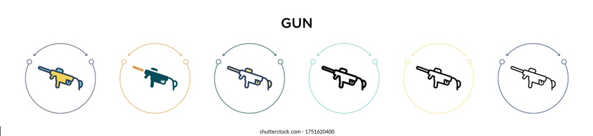 Icono de arma con estilo relleno, delgado, contorno y trazo. Ilustración vectorial de dos diseños de vectores de armas de color y negro se pueden utilizar para móviles, ui, web