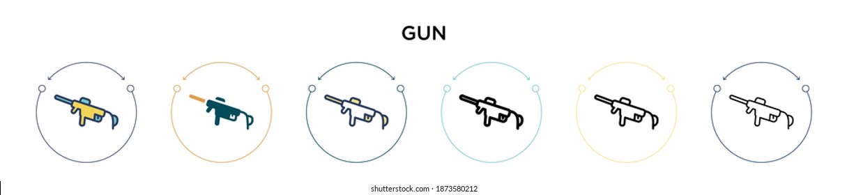 Icono de arma con estilo relleno, delgado, contorno y trazo. Ilustración vectorial de dos diseños de vectores de armas de color y negro se pueden utilizar para móviles, ui, web