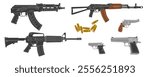 Gun icon. Game asset logo. Modern weapon. Army ammunition. Battle arsenal. Protection arms. Danger symbol. Handgun shooting. Aiming bullet. Military machine. Modern rifle. Vector tactical firearms set