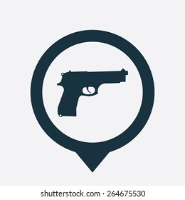 Pin del mapa del icono de la pistola en el fondo blanco 
