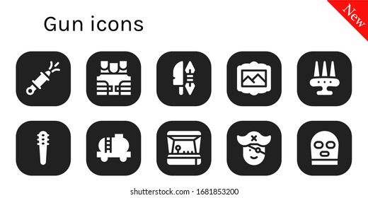 conjunto de iconos de pistola. 10 iconos de pistolas rellenos.  Iconos modernos sencillos, como: Ametralladora de agua, chaleco antibalas, Arma, Pintura, Armas, Depósito, Juego de arcada, Pirata, Balaclava