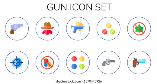 gun icon set. 10 flat gun icons.  Simple modern icons about  - revolver, aim, cowboy, no drugs, paintball gun, ammunition