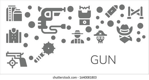 gun icon set. 11 filled gun icons. Included Tank, Revolver, Police station, Detective, Gun, Pirate, Stun Weapon, Bullet, Cowboy, Police line icons