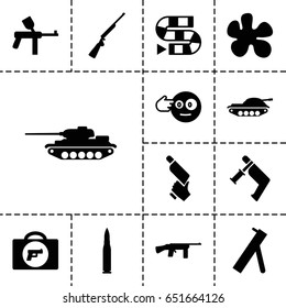 Gun icon. set of 13 filled gunicons such as briefcase with weapon, nail gun, head bang emot, cannon, bullet, tank, dice game