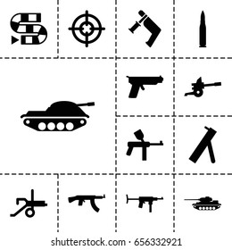 Gun icon. set of 13 filled gun icons such as nail gun, cannon, bullet, tank, sniper target, dice game