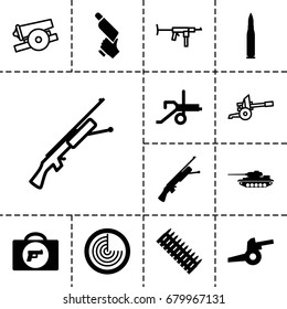 Gun icon. set of 13 filled and outline gun icons such as briefcase with weapon, radar, cannon, bullet, ammo