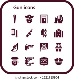 gun icon set. 16 filled gun icons.  Collection Of - Weapons, Pirate, Death penalty, No weapons, Compressor, Rifle, Weapon, Police station, Hunting, Gun, Witness, Police, Revolver