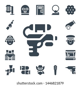 gun icon set. 17 filled gun icons.  Collection Of - Compressor, Rifle, Hunter, Water gun, Bulletproof vest, Cannon, Police, Arcade game, Airbrush, Balaclava, Bullets, Death penalty