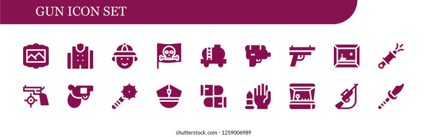  gun icon set. 18 filled gun icons. Simple modern icons about  - Painting, Police station, Hunter, Pirate, Tank, Water gun, Gun, Pistol, Weapon, Police, Bullets, No weapons, Arcade game