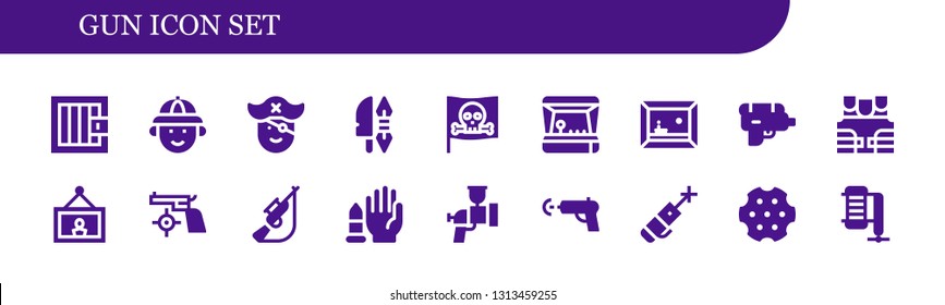 gun icon set. 18 filled gun icons.  Simple modern icons about  - Jail, Hunter, Pirate, Weapon, Arcade game, Painting, Water gun, Bulletproof vest, Hunting, No weapons, Airbrush