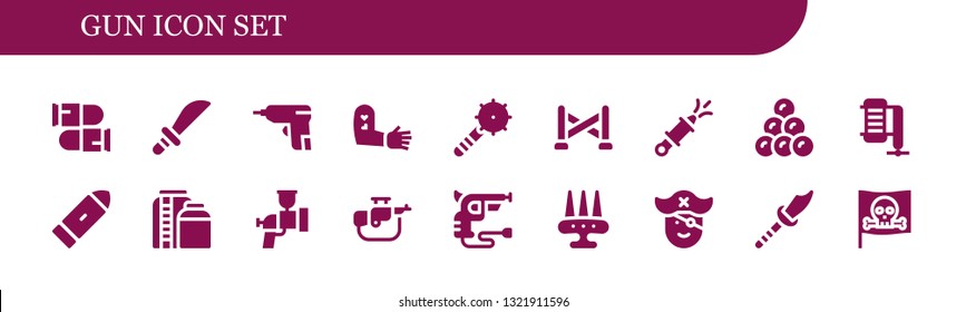 gun icon set. 18 filled gun icons.  Collection Of - Bullets, Weapons, Caulk gun, Tattoo, Weapon, Police line, Water Round shot, Compressor, Bullet, Tank, Airbrush, Rifle