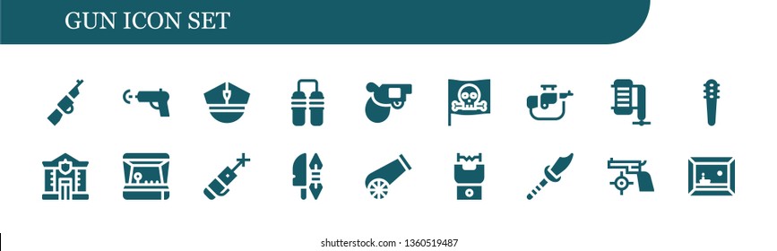 gun icon set. 18 filled gun icons.  Simple modern icons about  - Rifle, Water gun, Police, Nunchaku, Pistol, Pirate, Compressor, Weapons, Arcade game, Laser pen, Weapon, Cannon