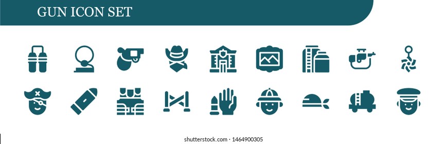gun icon set. 18 filled gun icons.  Simple modern icons about  - Nunchaku, Cowboy, Pistol, Police, Painting, Tank, Rifle, Belly piercing, Pirate, Bullet, Bulletproof vest, Police line