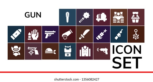 gun icon set. 19 filled gun icons.  Collection Of - Weapons, Bullet, Cowboy, Gun, Pirate, Stun Police station, Water No weapons, Cannon, Laser pen, Rifle, Belly piercing