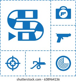 Gun icon. set of 6 gun filled icons such as briefcase with weapon, radar, cannon, gun, sniper target