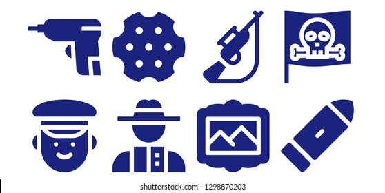  gun icon set. 8 filled gun icons. Simple modern icons about  - Police, Caulk gun, Detective, Revolver, Painting, Hunting, Bullet, Pirate