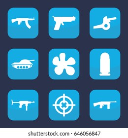 Gun icon. set of 9 filled gun icons such as cannon, bullet, tank, sniper target