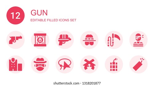 gun icon set. Collection of 12 filled gun icons included Gun, Jail, Water Detective, Weapon, Police station, Cowboy, Lasso, Pistol, Dynamite, Pirate