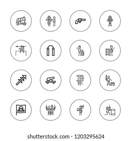 Gun icon set. collection of 16 outline gun icons with cannon, detective, harpoon, gun, hunt, nunchaku, paintball, pirates, pirate icons.