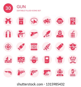 gun icon set. Collection of 30 filled gun icons included Pistol, Gun, Lasso, Compressor, Police, Nunchaku, Paintball, Harpoon, Terrorist, Shooter, Bullet, Jail, Caulk Tetris