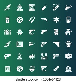 gun icon set. Collection of 36 filled gun icons included Police, Bullet, Gun, Pirate, No weapons, Painting, Jail, Compressor, Cowboy, Caulk Pistol, Water Paintball, Arcade game