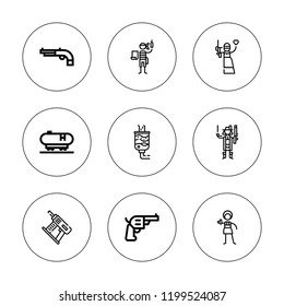 Gun icon set. collection of 9 outline gun icons with paintball, pirates, pistol icons. editable icons.
