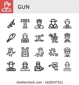 Gun Icon Set. Collection Of Pirate, Assault Rifle, Stun Gun, Cop, Hunter, Officer, Weapon, Soldier, Catapult, Paintball, Bulletproof Vest, Detective, Crime Scene, Cowboy Icons