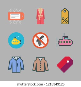 gun icon set. vector set about weapons, coat, submarine and tag icons set.