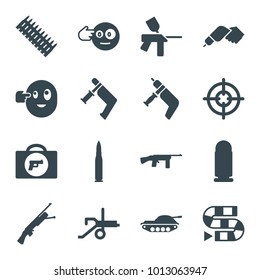 Gun icons. set of 16 editable filled gun icons such as briefcase with weapon, head bang emot, dice game, bullet, ammo, tank, cannon, sniper target