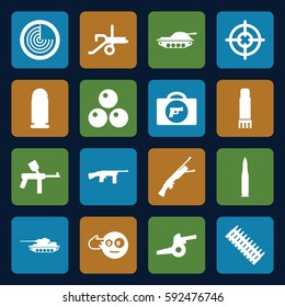 gun icons set. Set of 16 gun filled icons such as briefcase with weapon, radar, head bang emot, glue pen, canon ball, cannon, bullet, ammo, tank, submachine gun, sniper target