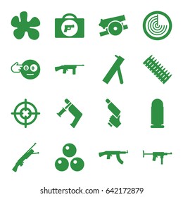 Gun icons set. set of 16 gun filled icons such as briefcase with weapon, radar, head bang emot, cannon, canon ball, bullet, ammo, sniper target