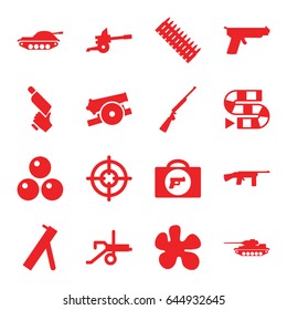 Gun icons set. set of 16 gun filled icons such as briefcase with weapon, cannon, canon ball, ammo, tank, sniper target, dice game
