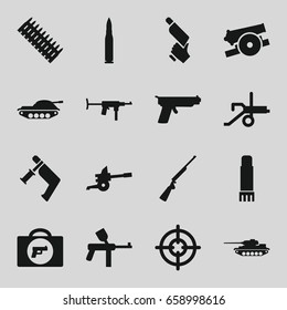 Gun icons set. set of 16 gun filled icons such as briefcase with weapon, glue pen, cannon, bullet, ammo, tank, sniper target