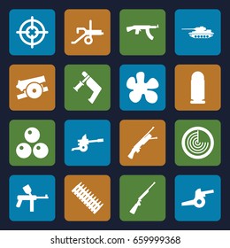 Gun icons set. set of 16 gun filled icons such as radar, cannon, canon ball, bullet, ammo, tank, sniper target