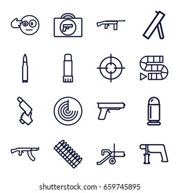 Gun icons set. set of 16 gun outline icons such as briefcase with weapon, radar, glue pen, cannon, bullet, ammo, sniper target, head bang emot