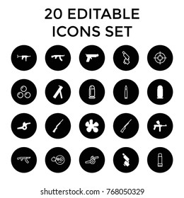 Gun icons. set of 20 editable filled and outline gun icons such as paintball, cannon, bullet, head bang emot, glue pen, canon ball